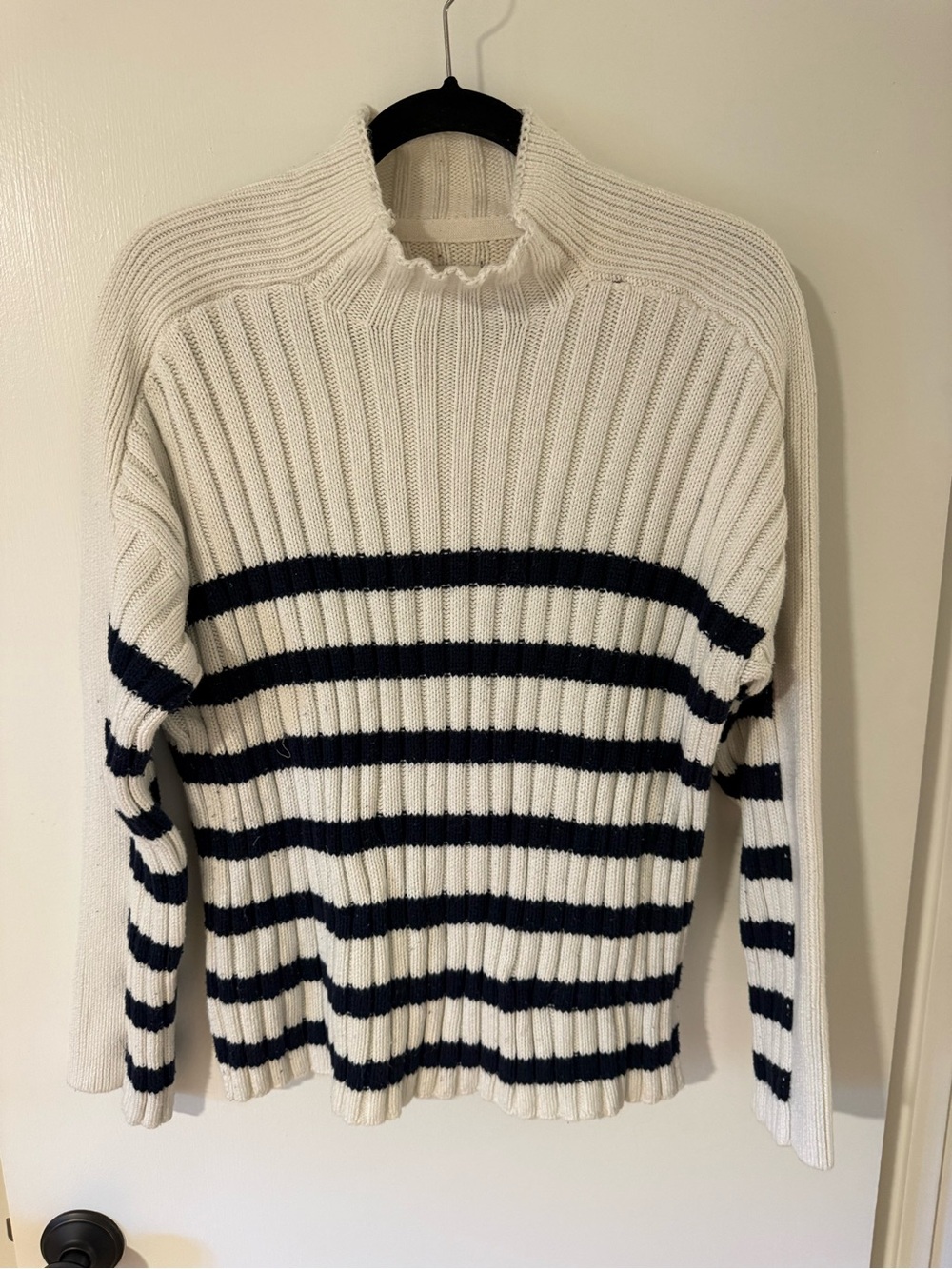 Abercrombie & Fitch Cream and Navy Striped Ribbed Turtleneck Sweater